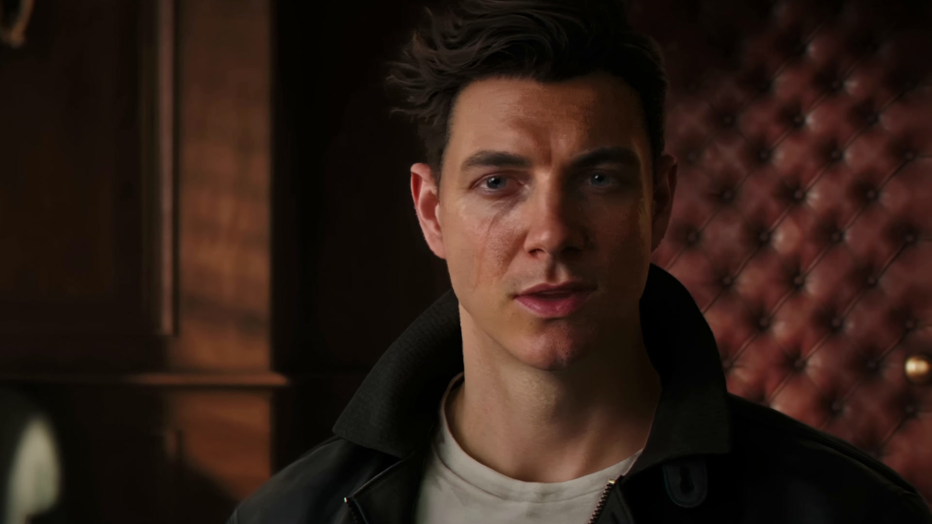 One frame of the 007 First Light story trailer, a man's face in a wood-panelled room, from the player's DLSS 5 render at default settings.