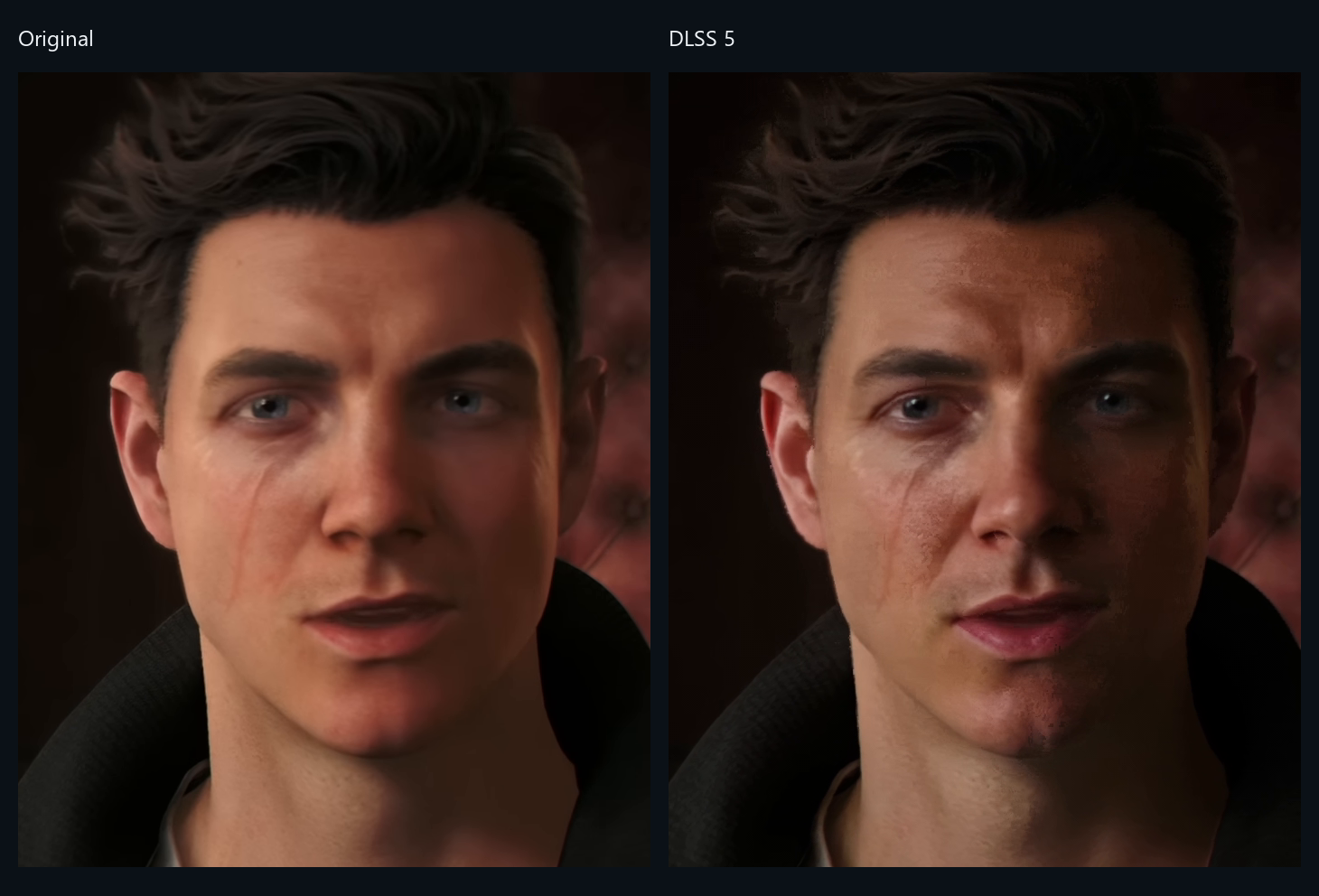 007 First Light, one frame: the source on the left, the same frame from the player's render at default settings on the right, identical unscaled 700x880 crops.
