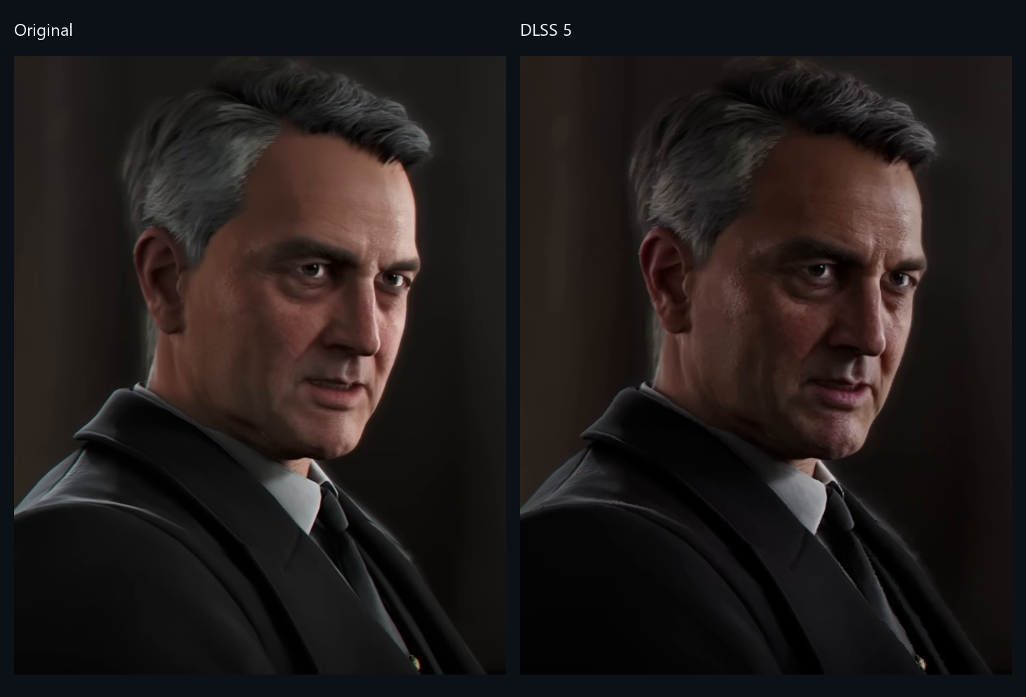 007 First Light, an older man in a dark suit: the source on the left, the player's render on the right, identical unscaled crops.