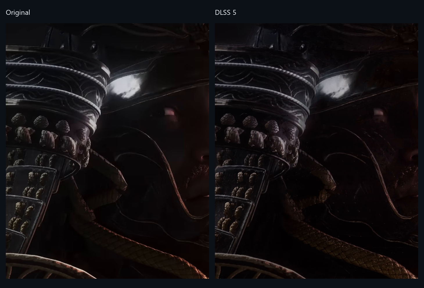 Assassin's Creed Shadows, a face in deep shadow under a helmet: the source on the left; on the right the player's render crushes the face towards black and adds speckle.