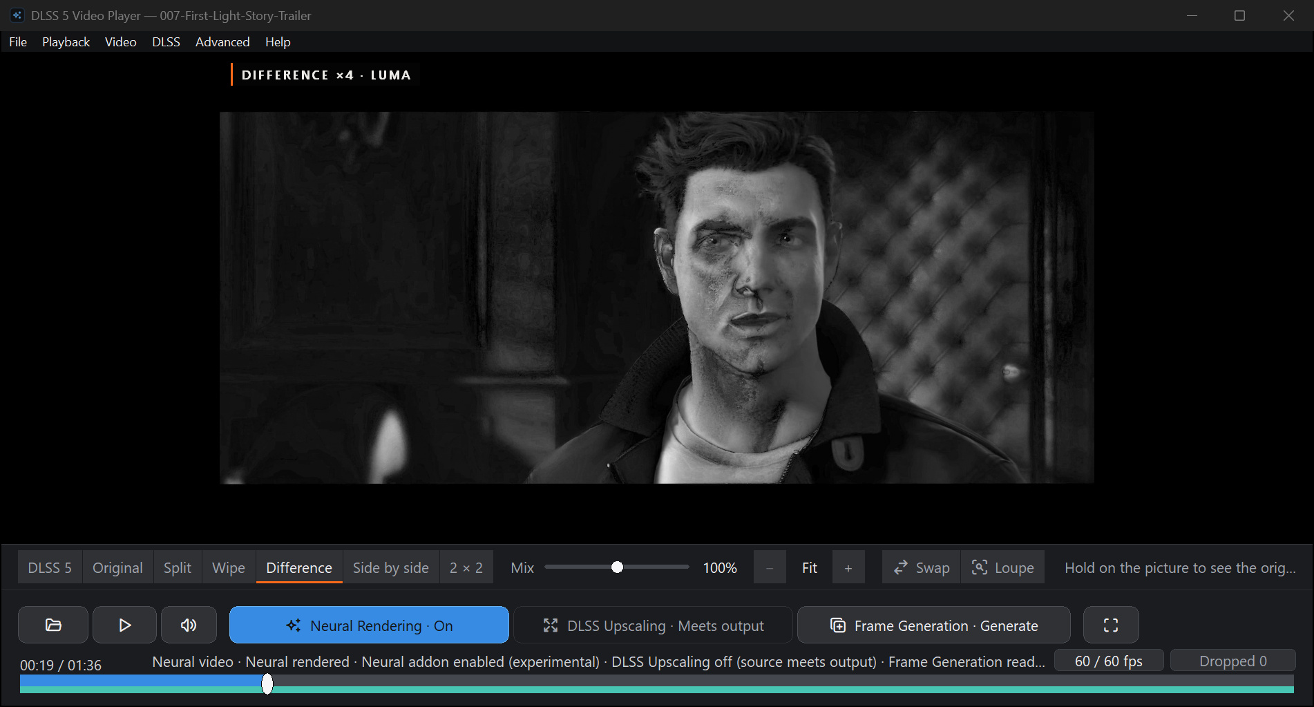 The player's Difference view of the same frame: where the model changed the picture, amplified 4x, as brightness.