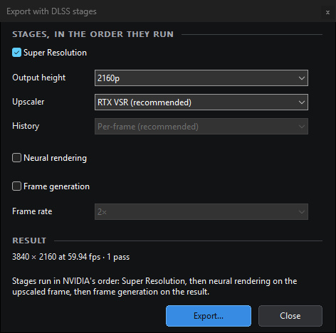 The Export with DLSS stages window: Super Resolution ticked, output height 2160p, Upscaler RTX VSR (recommended), neural rendering and frame generation unticked, and the result 3840 × 2160 at 30 fps, 1 pass.