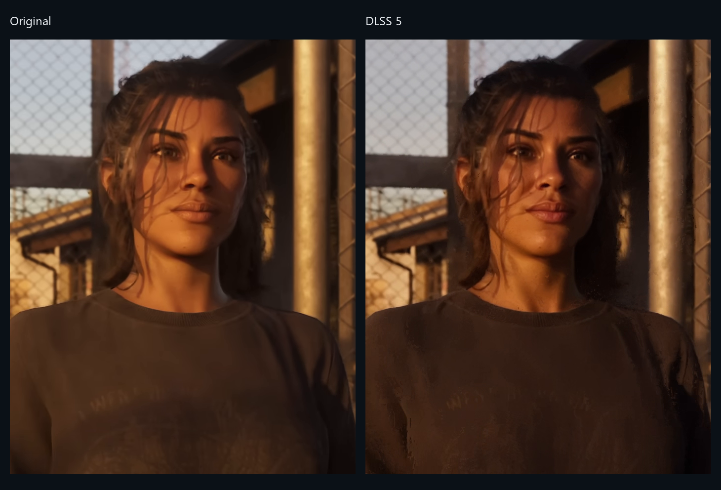 GTA VI Trailer 2, Lucia at golden hour: the source on the left, the player's render at default settings on the right, identical unscaled crops.