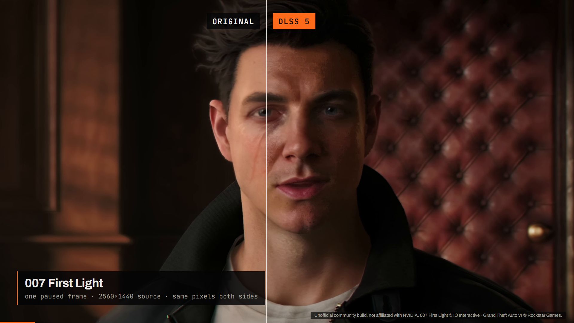 007 First Light, one frame split down the face: the source on the left, the player's DLSS 5 render on the right.