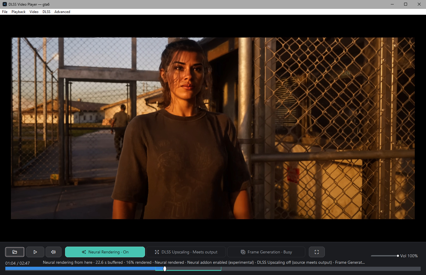 The player paused on Grand Theft Auto VI at 1:04 with the neural view on.