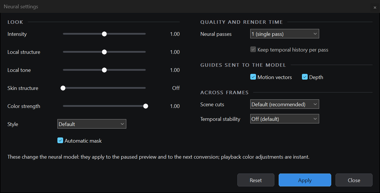 The Neural settings dialog at its defaults, grouped under Look, Quality and render time, Guides sent to the model, and Across frames.
