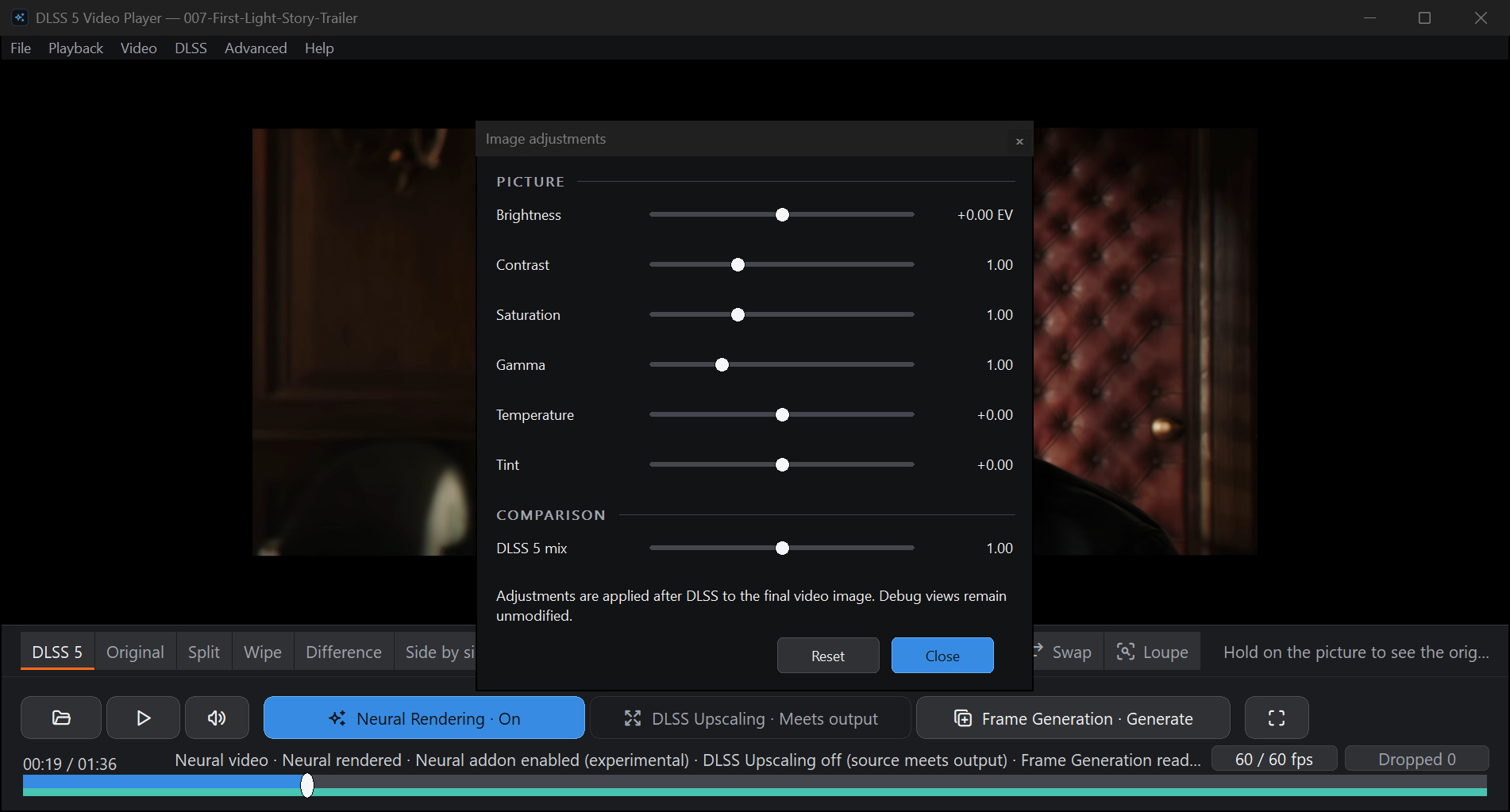 Image adjustments open over a paused 007 First Light frame, the DLSS 5 mix slider at 1.00, with the compare bar below.