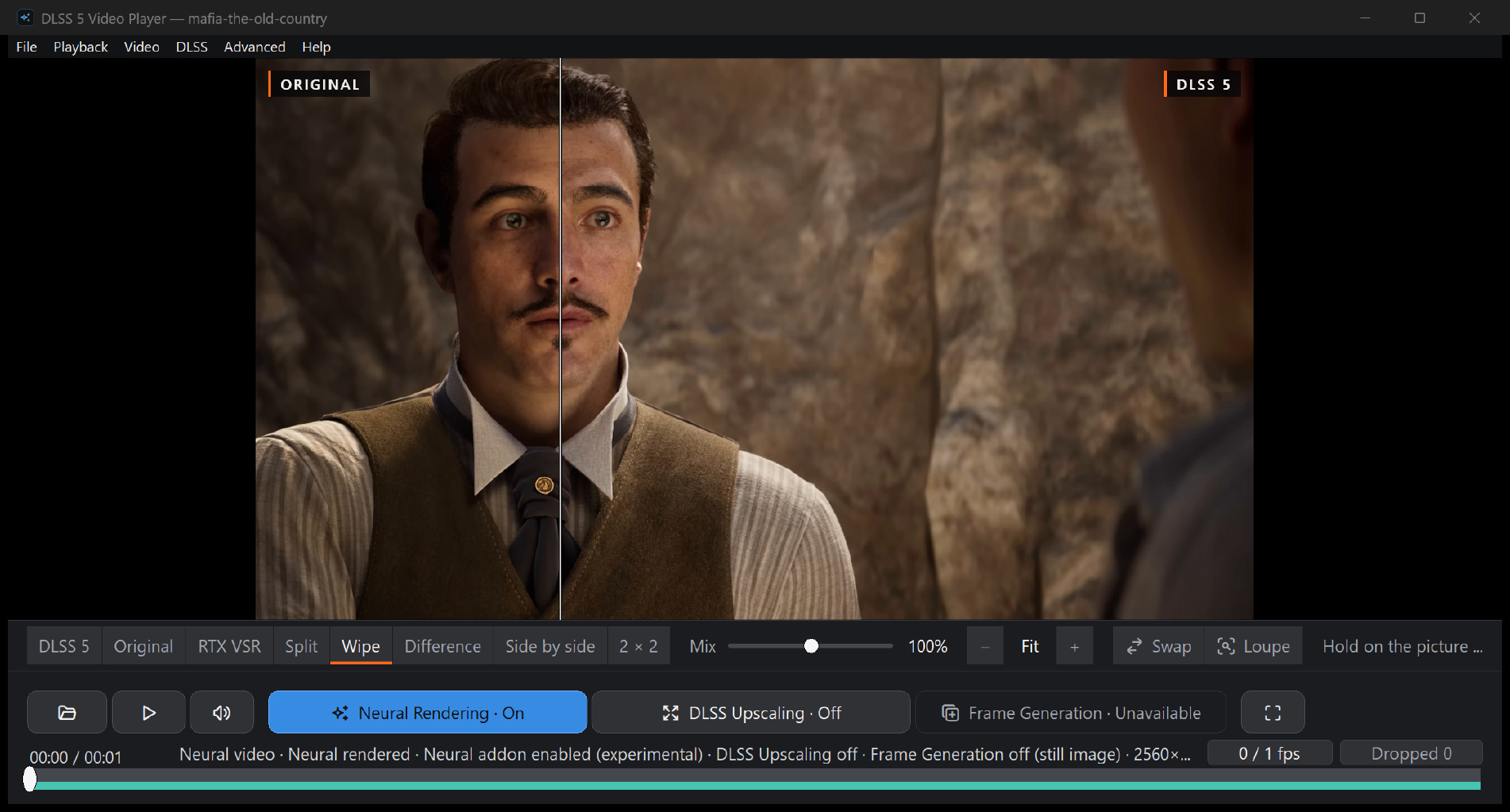A frame of the Mafia: The Old Country trailer, saved as a PNG and opened in the player as a photo, in Wipe: the original left of a divider down the man's nose, the DLSS 5 render right of it.