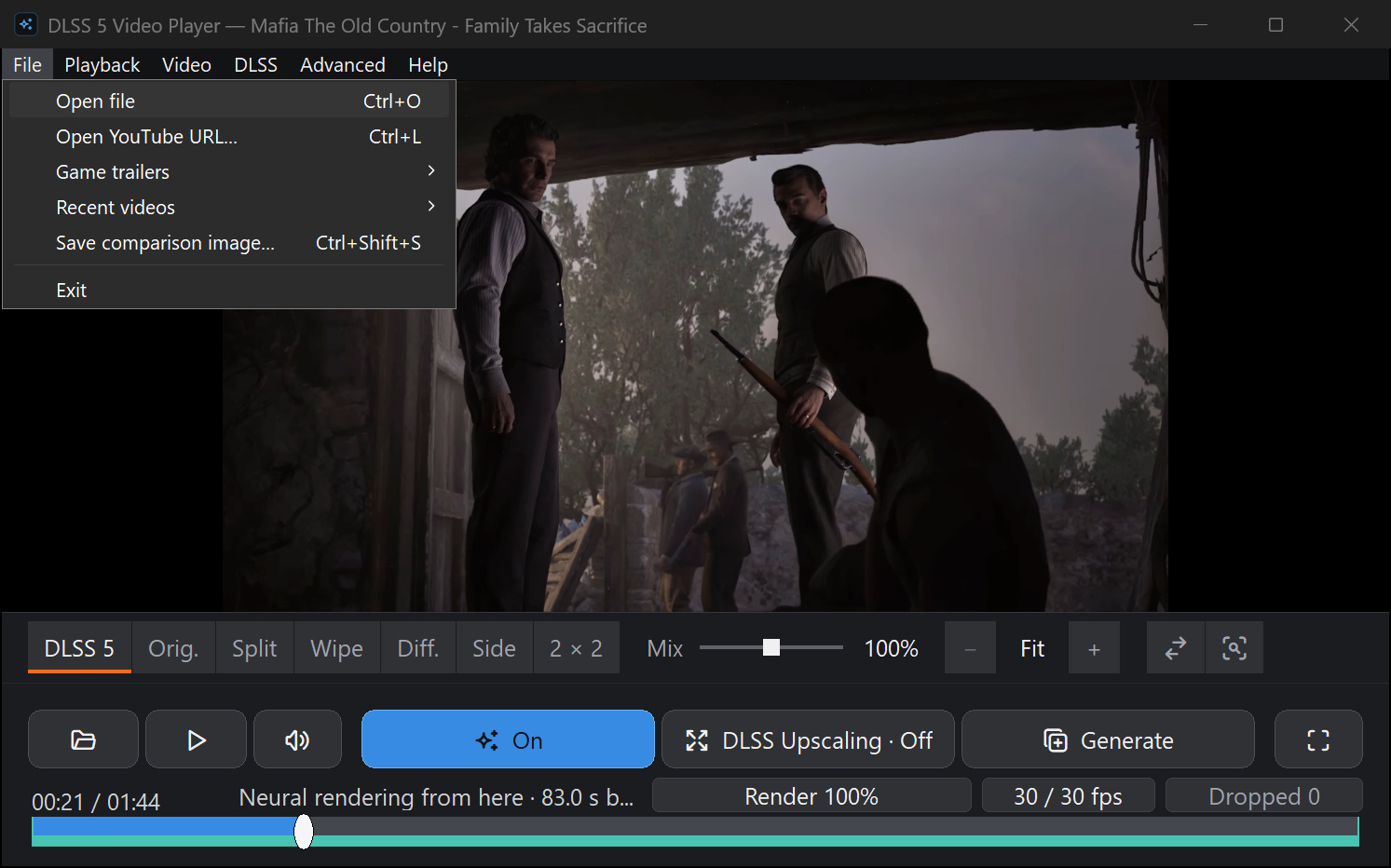 The File menu open, with Game trailers, Recent videos and Save comparison image, over a paused neural frame.