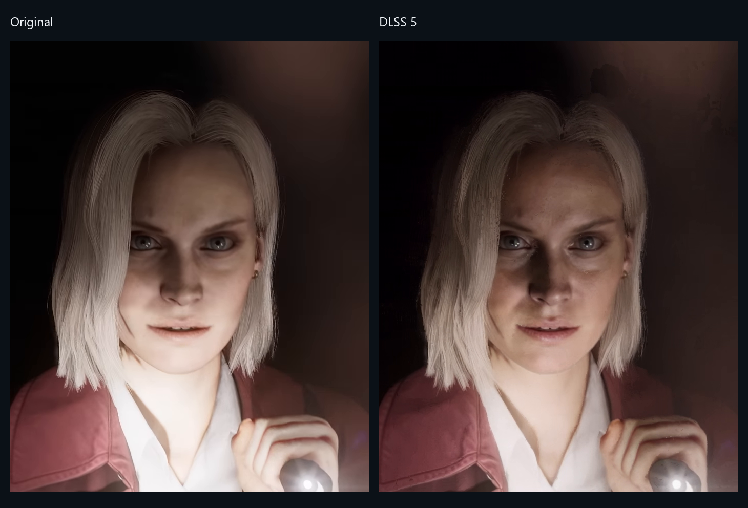 Resident Evil Requiem, a face lit from below by a torch: the source on the left, the player's render on the right, identical unscaled crops.