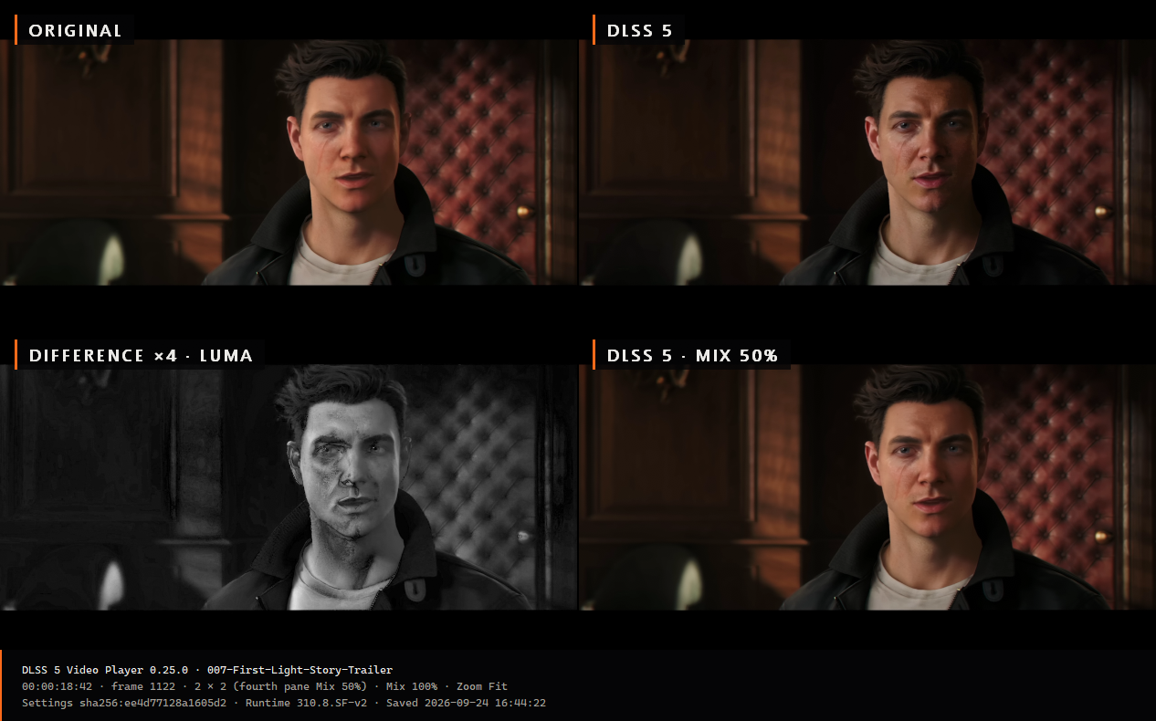 The PNG the player saved for its 2 x 2 view: original, DLSS 5, Difference and DLSS 5 at Mix 50%, with a footer recording the version, frame, view, settings digest and runtime.
