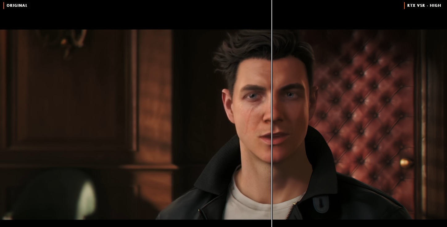 A 540p copy of 007 First Light in Wipe, compared against RTX VSR: the player's plain scale left of a divider down the face, RTX VSR at High right of it.